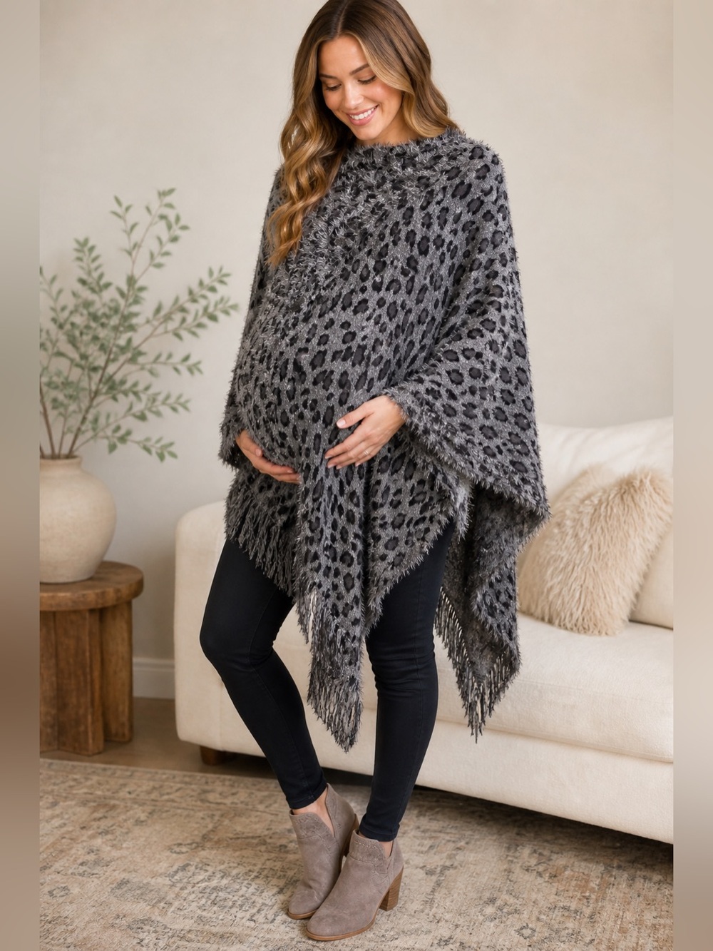 Gray Leopard Fringe Poncho Maternity Friendly Soft Cozy Oversized Sweater